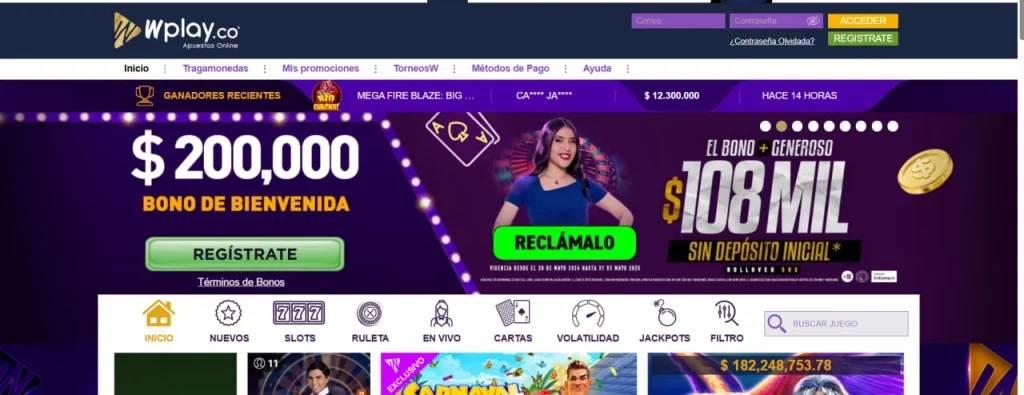 Captura de pantalla de la página principal de Wplay Casino Colombia con promociones destacadas como el bono de bienvenida de $200.000 COP y el bono sin depósito de $108.000 COP.
