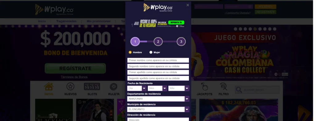Formulario de registro en Wplay Casino Colombia mostrando campos para nombre, documento, teléfono y correo electrónico.