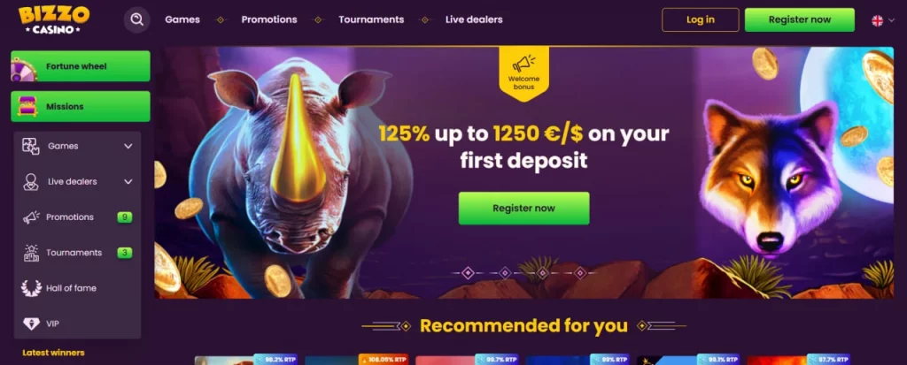 Página principal de Bizzo Casino con bono de bienvenida del 125% hasta 1250 c/s en el primer depósito