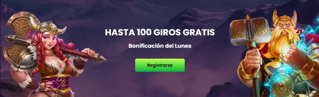 Promoción de Bizzo Casino con hasta 100 giros gratis por bonificación del lunes, personajes vikingos en fondo