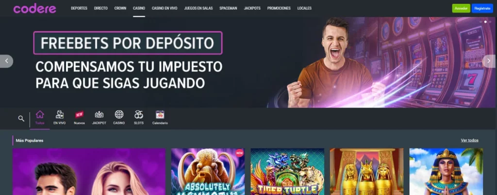 Página de inicio de Codere Casino con promoción para jugar online desde España, incluye móvil, dados y tragamonedas