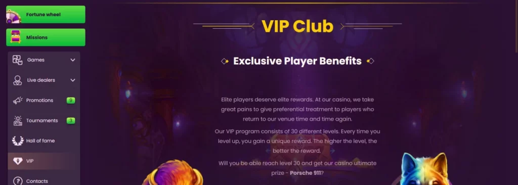 Sección VIP Club de Bizzo Casino con niveles de recompensa exclusivos para jugadores frecuentes