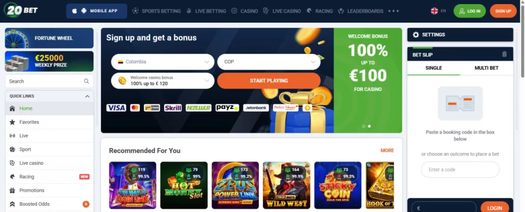 Interfaz principal del sitio web de 20Bet con apuestas deportivas en vivo, menú de deportes y sección de casino