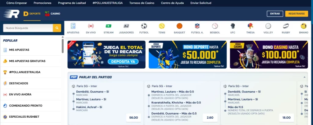 Interfaz principal de apuestas deportivas en Betsul Colombia con bonos destacados de hasta $100,000, opciones de deportes, apuestas en vivo y menú de navegación
